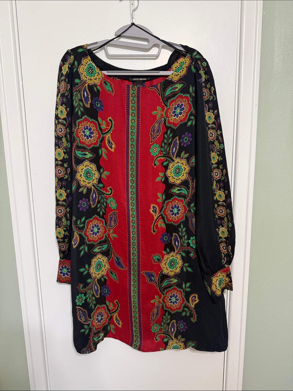 Lucky Brand Black and Red Floral Boho Long Sleeve Tunic
